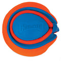 A close-up of the Chuckit! Rope Fetch Dog Toy by Chuckit!: a bright orange and blue ball with textured surfaces and curved grooves, designed as the ideal tug and fetch toy for playful dogs.