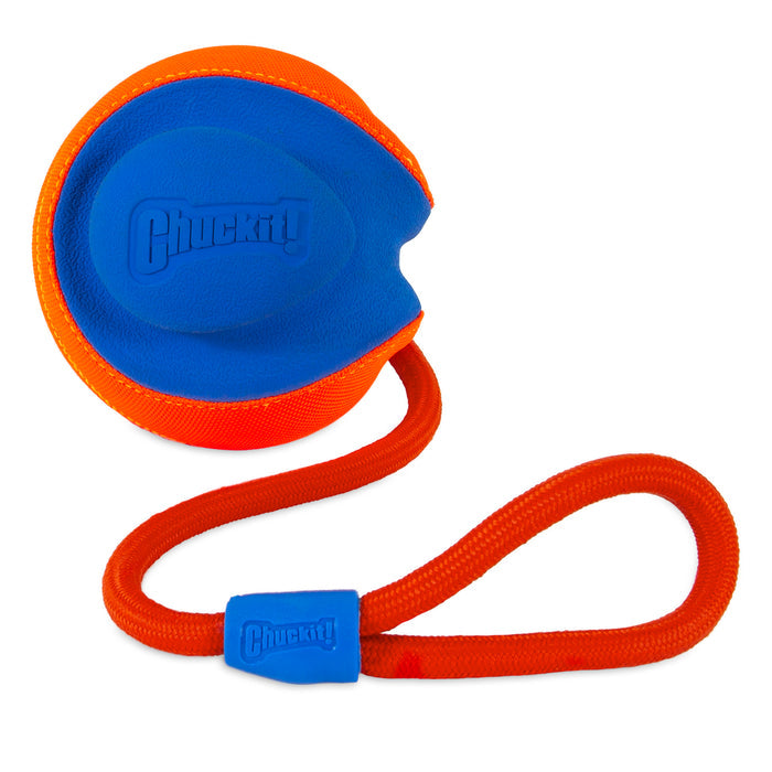 The Chuckit! Rope Fetch Dog Toy by Chuckit! is a blue and orange circular toy with a textured surface and orange rope handle, designed for interactive tug and fetch play.