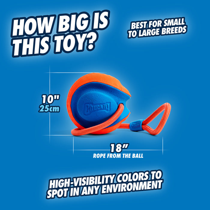 The Chuckit! Rope Fetch Dog Toy by Chuckit! is shown in blue and orange with an attached orange rope. The ball measures 10 inches (25 cm) and the rope is 18 inches long, making it a high-visibility tug and fetch toy for small to large breeds.