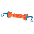 The Chuckit! Rugged Bumper Dog Toy by Chuckit! is a bright orange, textured toy with blue handles on both ends, featuring ridges and designed for interactive play, tug-of-war, and fetch.