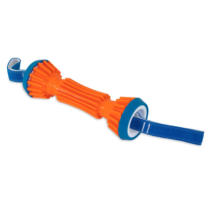 The Chuckit! Rugged Bumper Dog Toy by Chuckit! is an orange rubber fetch toy with blue rings, ridged ends, a twisted middle, and a blue-and-white fabric strap threaded through the center forming loops on both sides.
