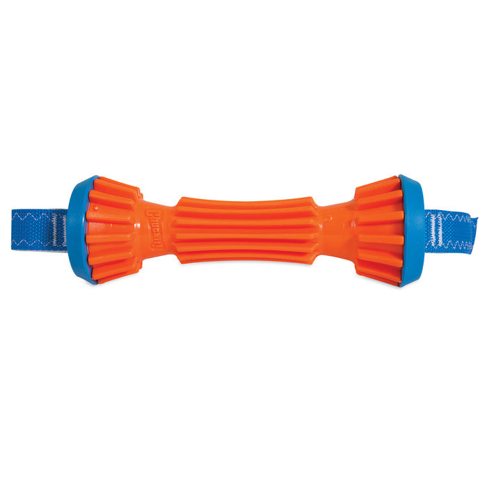 The Chuckit! Rugged Bumper Dog Toy by Chuckit! features an orange and blue design with a textured, ribbed center and sturdy blue handles—ideal for interactive fetch sessions with your dog.