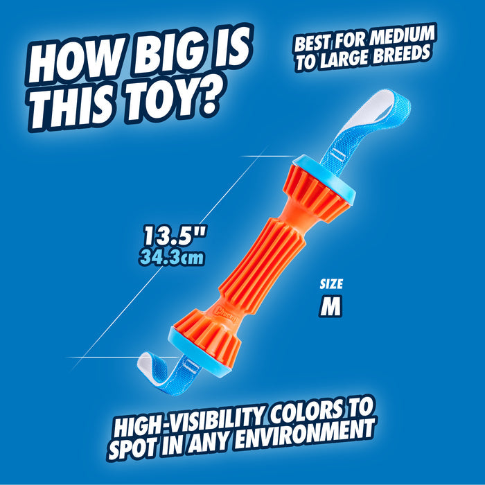 The Chuckit! Rugged Bumper Dog Toy by Chuckit!—an orange and blue interactive fetch toy with handles—is shown on a blue background. It's 13.5 inches (34.3 cm) long, size medium, ideal for medium to large breeds, and has high-visibility colors.