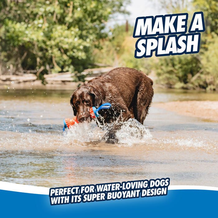 A wet brown dog plays in shallow water with the Chuckit! Rugged Bumper Dog Toy by Chuckit! in its mouth. Text reads, MAKE A SPLASH—perfect for water-loving dogs with its super buoyant design.