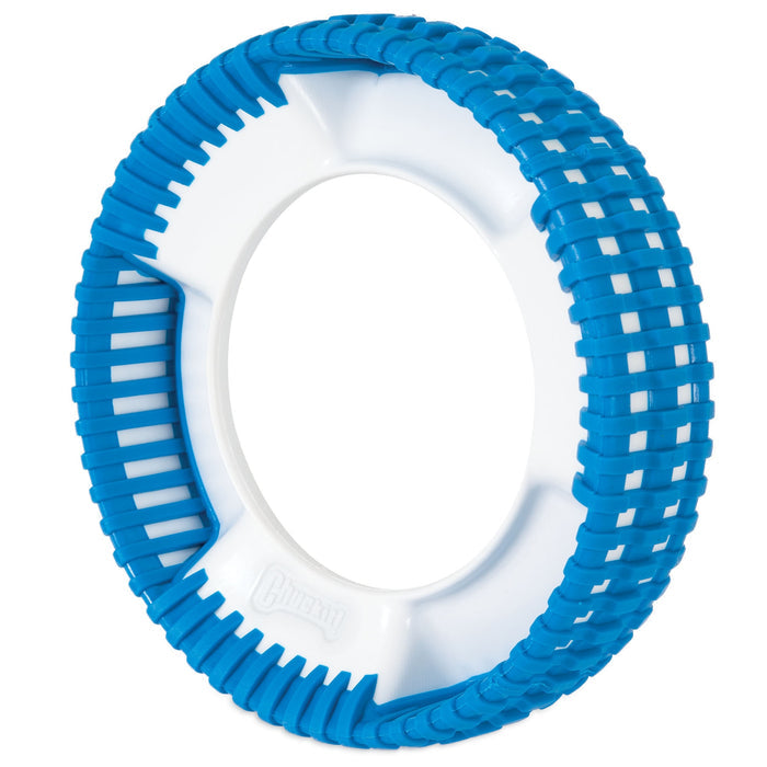 The Chuckit! Rugged Fetch Wheel by Chuckit! is a white, circular, durable dog toy with a textured blue rubber outer ring and raised ridges for chewing and gripping—ideal for fetch.