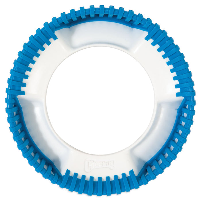 The Chuckit! Rugged Fetch Wheel is a circular dog toy with a white center and blue textured edge, designed for durable chewing and tossing. "Chuckit!" is embossed on the lower ring.