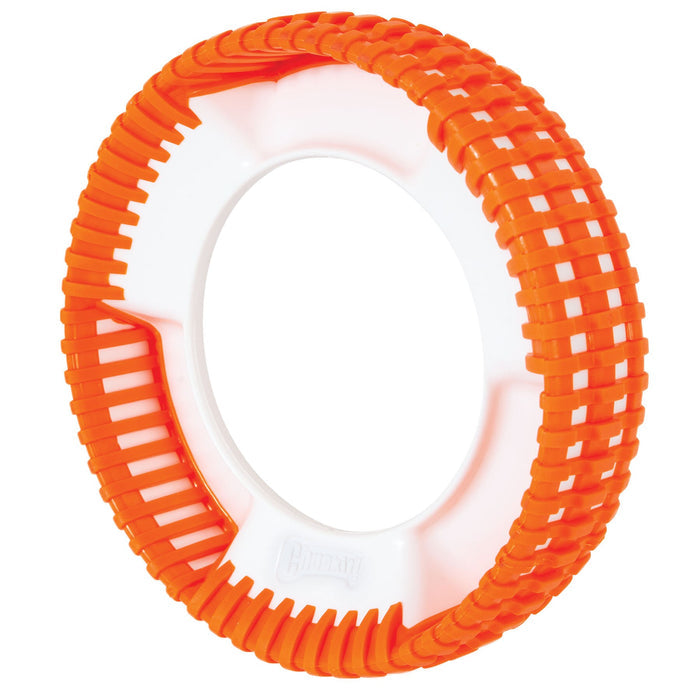 The Chuckit! Rugged Fetch Wheel by Chuckit! is a durable, round dog toy with a white center and textured orange rubber ring featuring grooves and ridges—great for fetch and chewing for active dogs.
