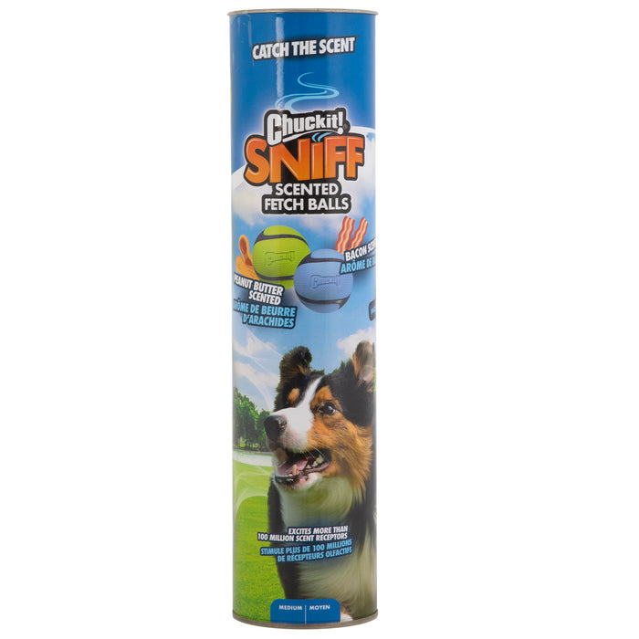 A cylindrical Chuckit! Sniff Ball 4 Pack features a dog photo, colorful balls, and text promoting peanut butter scented fetch balls; the background displays green grass and a blue sky.