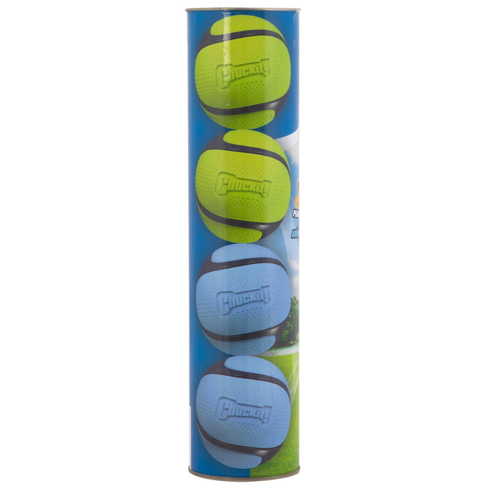 The Chuckit Sniff Ball 4 Pack includes four rubber fetch balls—two green and two blue embossed with Chuckit! branding—in a cylindrical, mostly blue container with grass graphics, ideal for storing your scented dog toys.