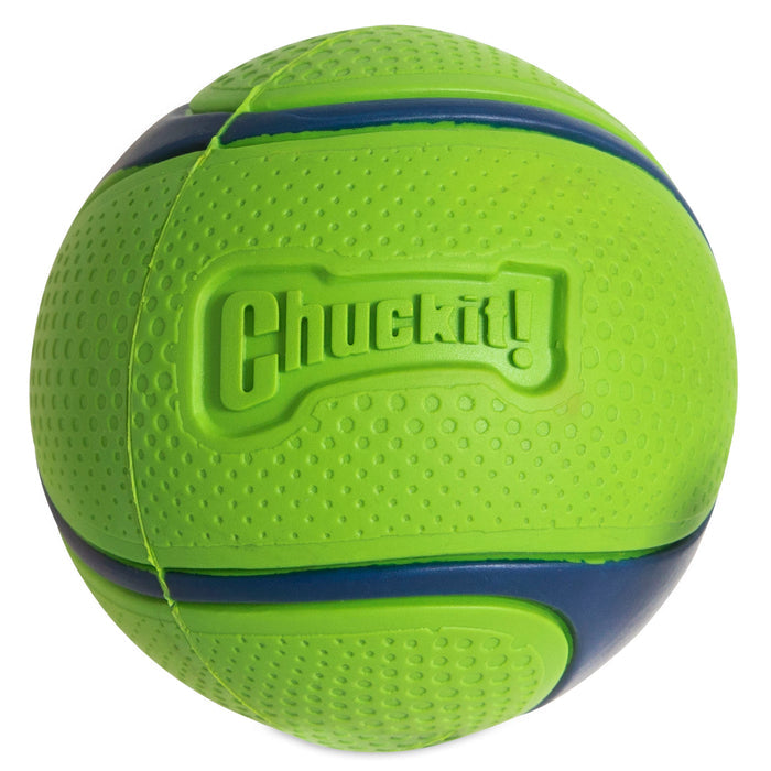 The Chuckit! Sniff Fetch Ball Duo is a green durable rubber toy with blue accents and "Chuckit!" embossed, designed for tough dog play and extra fun as part of the Chuckit! Sniff Fetch Balls collection.