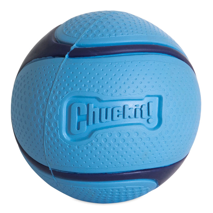 The Chuckit! Sniff Fetch Ball Duo by Chuckit! features durable, textured blue rubber balls with dark blue curved lines and "Chuckit!" embossed on the surface, perfect for dogs who love interactive fetch play.