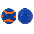 The Chuckit! Sonic Fetch Pack by Chuckit! includes two blue rubber fetch balls with orange accents—one with curved stripes and one solid with textured grooves—ideal dog toys for active play.