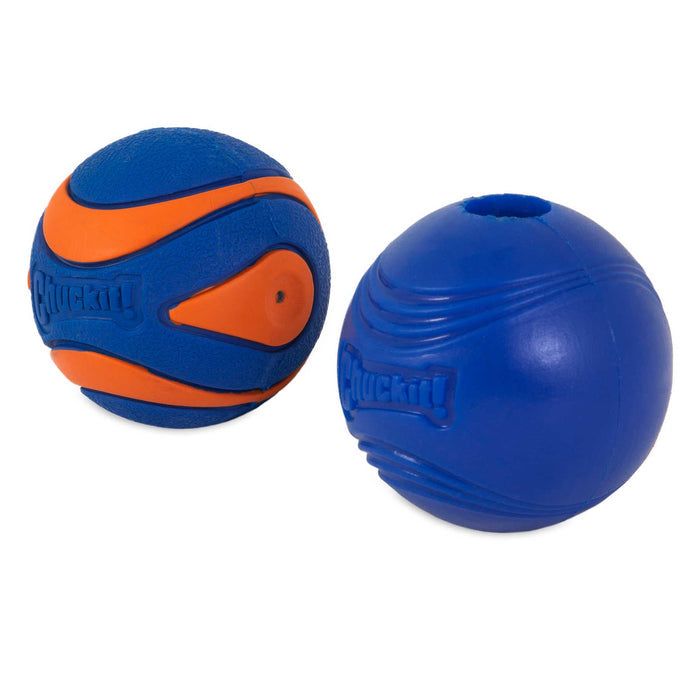 The Chuckit! Sonic Fetch Pack by Chuckit! includes two blue fetch balls: one with orange curved stripes and textured grip, and one solid blue with a hole and raised swirl pattern, both embossed with the Chuckit! logo.