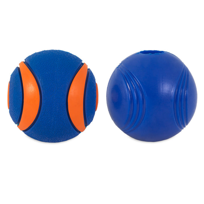 Two Chuckit! Sonic Fetch Pack balls are side by side: the left is blue with orange curved accents, and the right is solid blue with subtle curved ridges. Both Chuckit! balls have a textured surface for better grip and play.