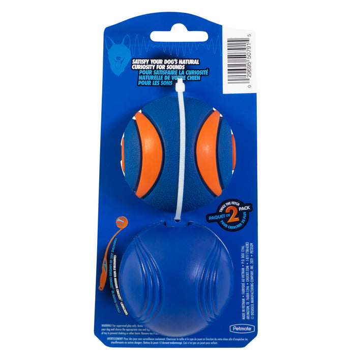 The Chuckit! Sonic Fetch Pack by Chuckit! includes two balls in branded packaging: a blue and orange Ultra Squeaker and a solid blue Super Crunch Ball, labeled "Satisfy your dog's natural curiosity for sounds.
