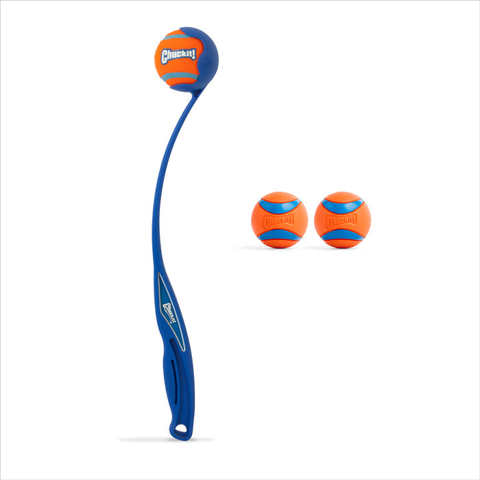The Chuckit! Sport 18M Launcher with Ultra Ball Medium 3 Pack by Chuckit! is shown with a blue and orange handle launcher and two matching orange and blue balls on a white background.