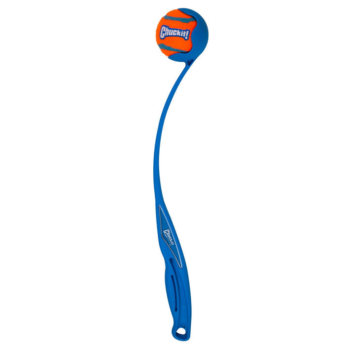 The Chuckit! Sport Launcher by Chuckit! is a blue plastic dog ball launcher with an ergonomic handle and curved design, featuring an orange and blue tennis ball at the end for easy, hands-free pickup.