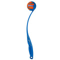 The Chuckit! Sport Launcher by Chuckit! is a blue plastic dog ball launcher with an ergonomic handle and curved design, featuring an orange and blue tennis ball at the end for easy, hands-free pickup.