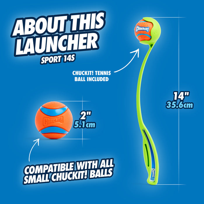 The Chuckit! Sport Launcher by Chuckit! is a green, 14-inch dog ball launcher with an ergonomic handle, shown holding a 2-inch orange and blue tennis ball. Compatible with all small Chuckit! balls, it’s displayed on a blue background with text and measurements.