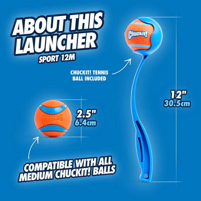 The Chuckit! Sport Launcher by Chuckit! is a blue dog ball launcher with an ergonomic 12-inch handle, includes an orange and blue 2.5-inch tennis ball, offers hands-free pickup, and is compatible with all medium Chuckit! balls.