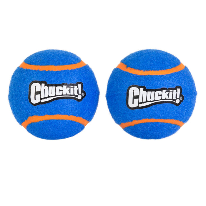 Two Chuckit! Squeaker Tennis Balls, blue with orange stripes and the Chuckit! logo in white and black, are displayed side by side on a white background—ideal for use with Chuckit! Launchers.