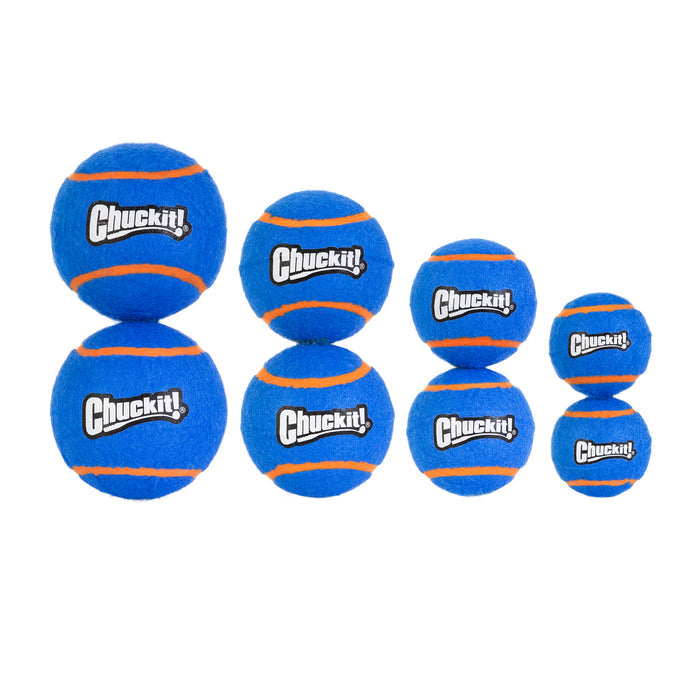 A pack of two Chuckit! Squeaker Tennis Balls by Chuckit!, featuring blue and orange stripes, ideal for use with Chuckit! Launchers, shown on a white background.
