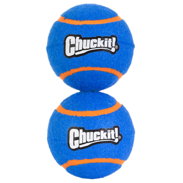 Two blue Chuckit! Squeaker Tennis Balls with orange stripes and the Chuckit! logo, stacked vertically on a white background. This 2 pack is perfect for use with Chuckit! launchers.