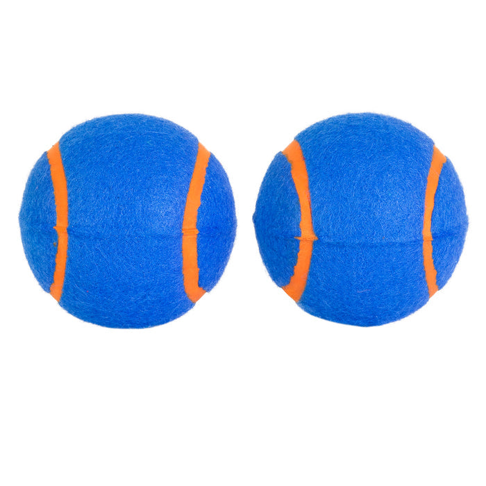 Two blue Chuckit! Squeaker Tennis Balls with orange stripes, shown side by side on a white background—durable and perfect for play with Chuckit! Launchers. Brand: Chuckit!, 2-Pack.