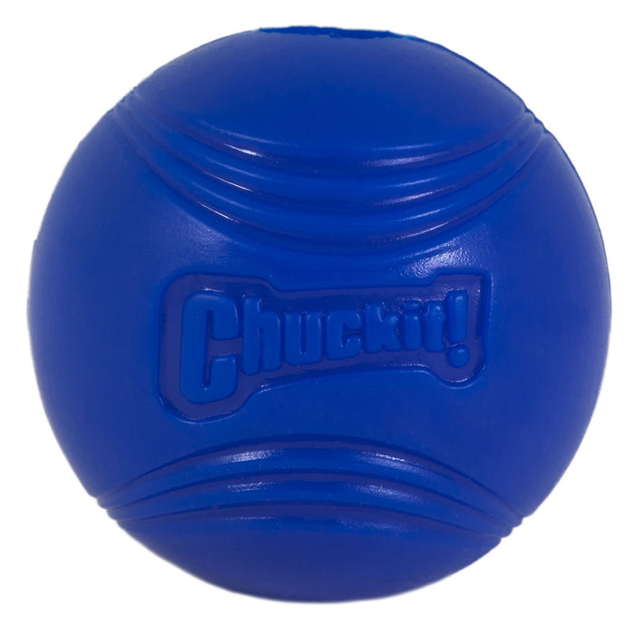 The Chuckit! Super Crunch Ball is a blue rubber fetch toy with grooved sides for grip and the Chuckit! logo in the center—ideal for fun games of fetch with your dog.