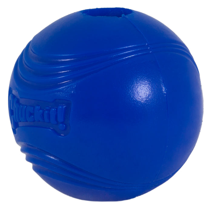The Chuckit! Super Crunch Ball by Chuckit! is a bright blue, durable fetch ball featuring textured grooves and the Chuckit! logo embossed on the side.