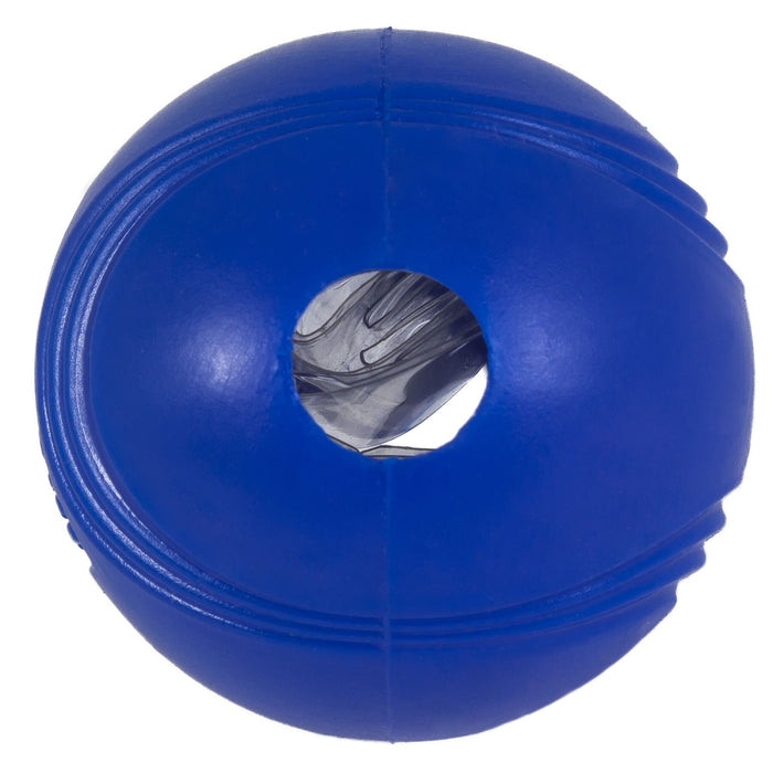 The Chuckit! Super Crunch Ball by Chuckit! is a blue, oval fetch toy with a center hole revealing crinkly silver material and textured grooves on the sides, ideal for interactive play.