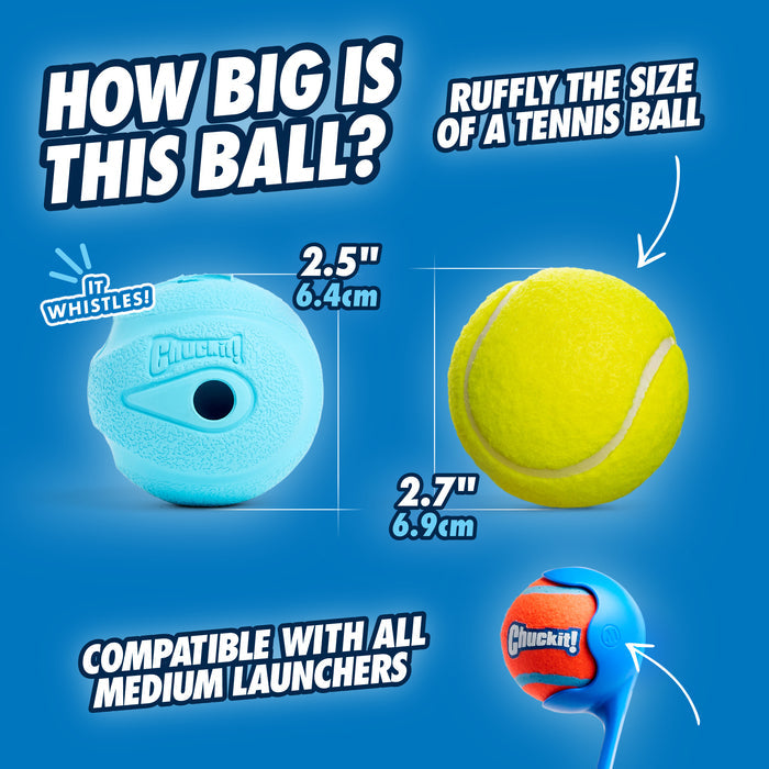 A blue Chuckit! The Whistler Dog Toy (2.5"/6.4 cm) from Chuckit! sits beside a yellow tennis ball, both similar in size, on a blue surface with a medium launcher below—ideal for high-bouncing fetch fun with your dog.