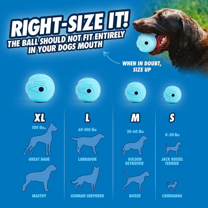 A chart displays the correct Chuckit! The Whistler Dog Toy size for dogs by breed and weight, with a photo of a dog and toy. Sizes run XL to S. Note: The Chuckit! fetch toy should not fit entirely in the dog's mouth. Brand: Chuckit!.