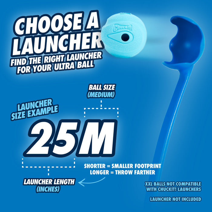 A blue Chuckit! ball launcher and Ultra Ball are shown, sized 25 inches for medium balls. Shorter launchers throw less far; XXL balls don’t fit. Works great with high-bounce rubber balls or the Chuckit! The Whistler Dog Toy by Chuckit!.