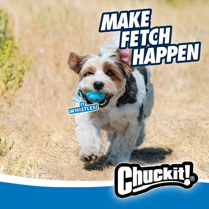 A small dog runs on dry grass with a blue Chuckit! The Whistler Dog Toy in its mouth. Text reads MAKE FETCH HAPPEN and IT WHISTLES! The Chuckit! logo appears at the bottom of the image.