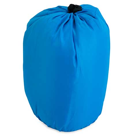 The Chuckit! Travel Pillow Bed comes in a bright blue, cylindrical stuff sack with a black drawstring that cinches the top, keeping the fabric tightly gathered for upright storage and easy carrying.