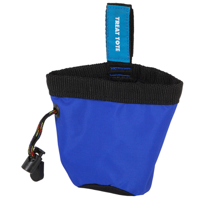 The Chuckit! Treat Tote by Chuckit! is a blue dog treat pouch with black trim, drawstring closure, and a blue "TREAT TOTE" label—ideal for reward-based training.