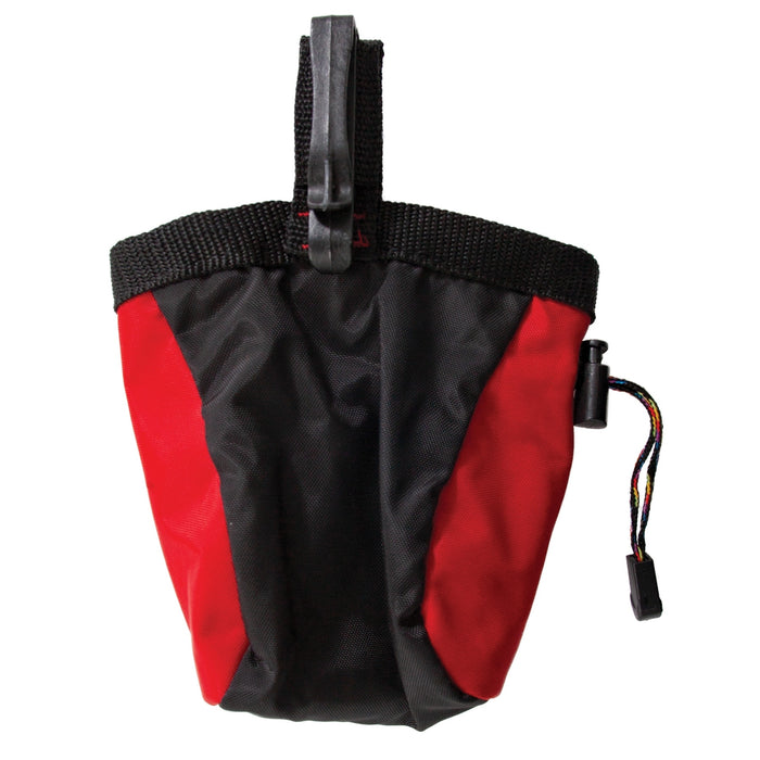 The Chuckit! Treat Tote by Chuckit! is a small black and red pouch with a drawstring closure and top strap for easy attachment—ideal for carrying dog treats during reward-based training.