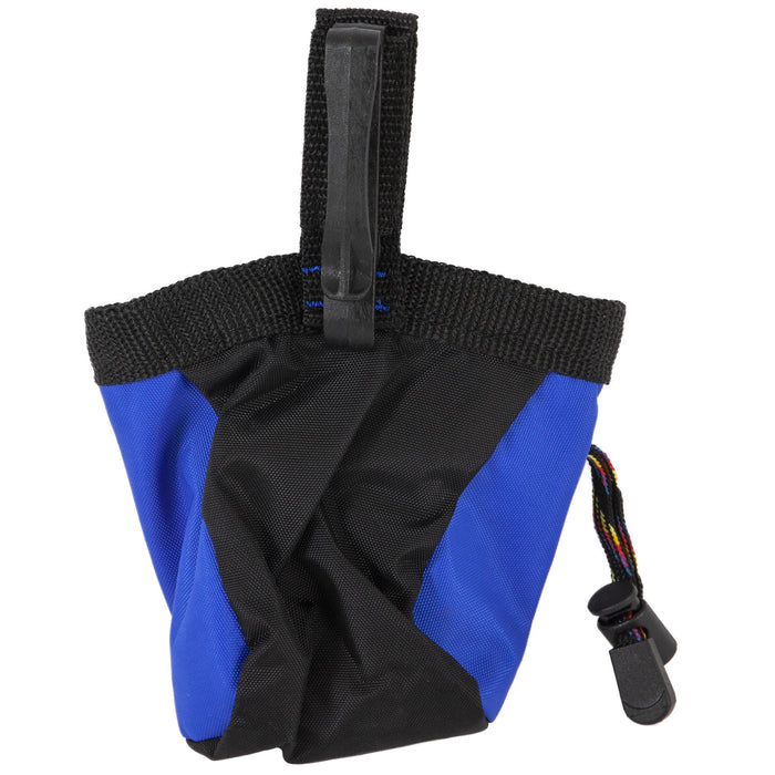 The Chuckit! Treat Tote by Chuckit! is a compact black and blue nylon pouch with a drawstring closure and black strap, ideal as a chalk bag for rock climbing or for carrying dog treats during training.
