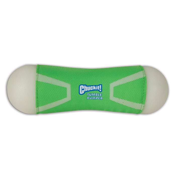 The Chuckit! Tumble Bumper Max Glow by Chuckit! is a green dog fetch toy with white rounded ends, a blue and white center logo, and glows in the dark for interactive pet play both day and night.