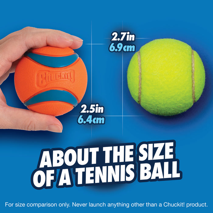 A hand holds a Chuckit! Ultra Ball Dog Toy by Chuckit! next to a yellow tennis ball. The Ultra Ball is 2.5in (6.4cm) and the tennis ball is 2.7in (6.9cm), showing the toy is about the size of a standard tennis ball.