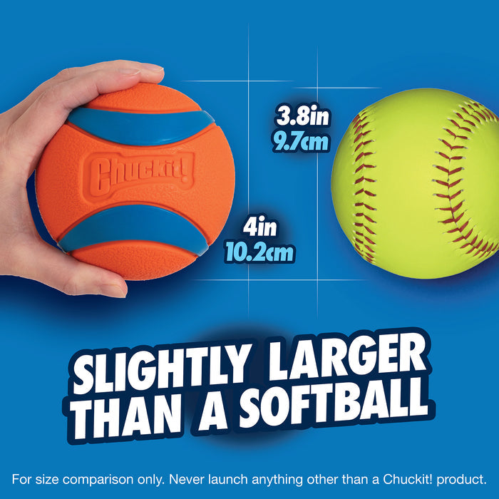 A hand holds a 4 in (10.2 cm) Chuckit! Ultra Ball Dog Toy—an orange and blue, durable ball by Chuckit!—next to a 3.8 in (9.7 cm) yellow softball, showing the Chuckit! ball is slightly larger than the softball.