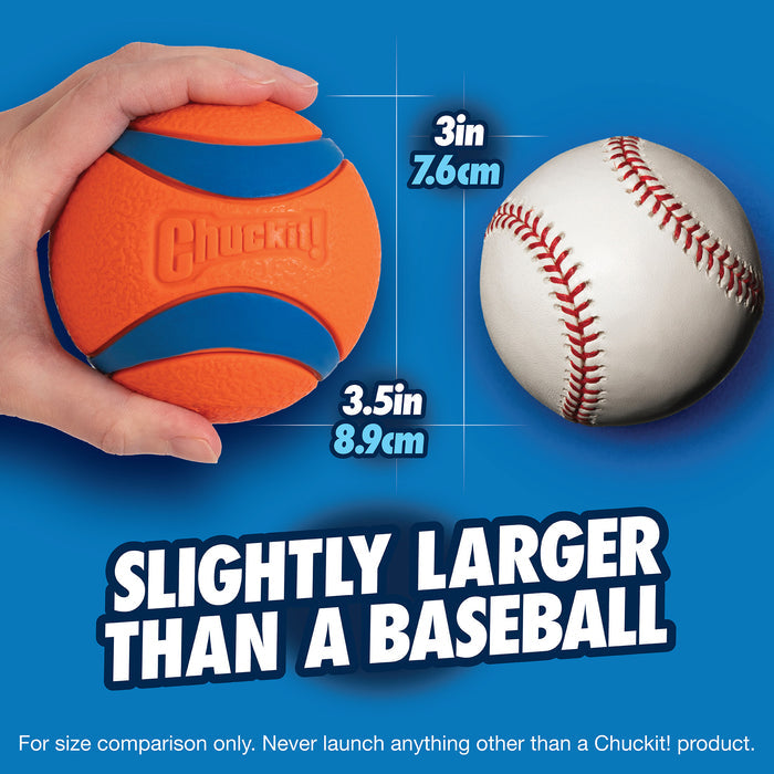 An orange and blue Chuckit! Ultra Ball Dog Toy by Chuckit!, measuring 3.5 inches (8.9 cm) wide, is held beside a 3-inch (7.6 cm) baseball. Text reads: Slightly larger than a baseball.