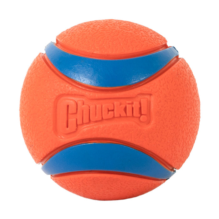 The Chuckit! Ultra Ball Dog Toy by Chuckit! is a bright orange fetch ball with textured grip, curved blue stripes, and an embossed logo—built to be durable for endless games of fetch with your dog.