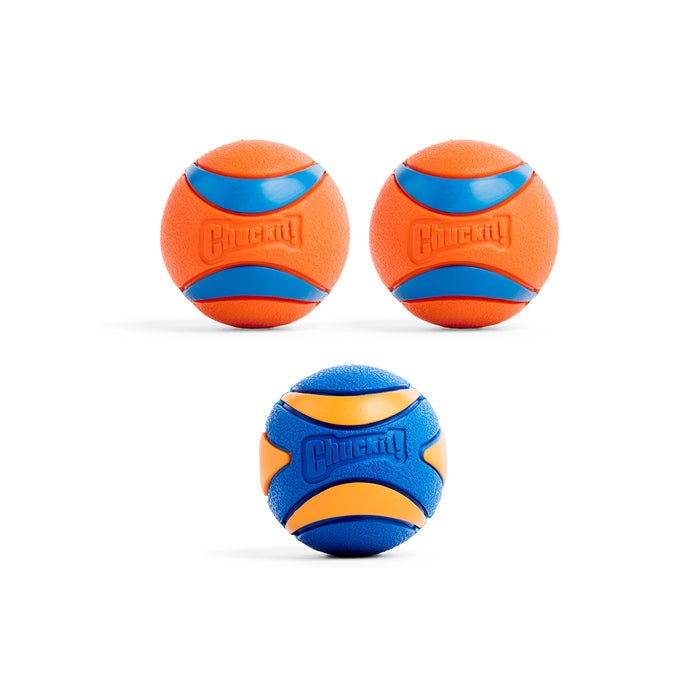Three Chuckit! Ultra Ball & Ultra Squeaker Medium Assorted dog balls by Chuckit!—in bright orange with blue stripes—are arranged on a white background, with two at the top and one centered below. Perfect for playing fetch.