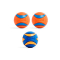 Three Chuckit! Ultra Ball & Ultra Squeaker Medium Assorted dog balls by Chuckit!—in bright orange with blue stripes—are arranged on a white background, with two at the top and one centered below. Perfect for playing fetch.