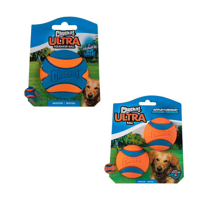 Two packages of Chuckit! Ultra Ball & Ultra Squeaker Medium Assorted, 3 balls in total. Each Chuckit! pack features orange and blue fetch balls for fun playtime with your pup. Brand: Chuckit!.