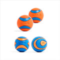 The Chuckit! Ultra Ball & Ultra Squeaker Medium Assorted 4 Pack features four durable rubber dog balls in blue and orange, each with unique patterns and the Chuckit! brand name, shown on a white background.
