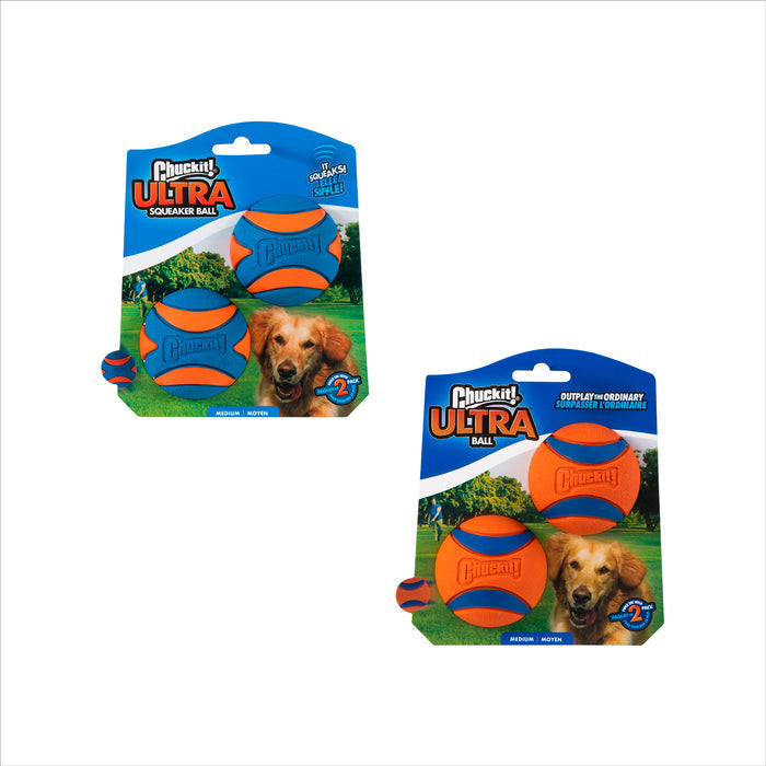 Two packs of Chuckit! Ultra Ball & Ultra Squeaker Medium Assorted (4 balls total) by Chuckit!, featuring durable orange and blue balls, happy dog imagery, and the Chuckit! logo on the packaging.