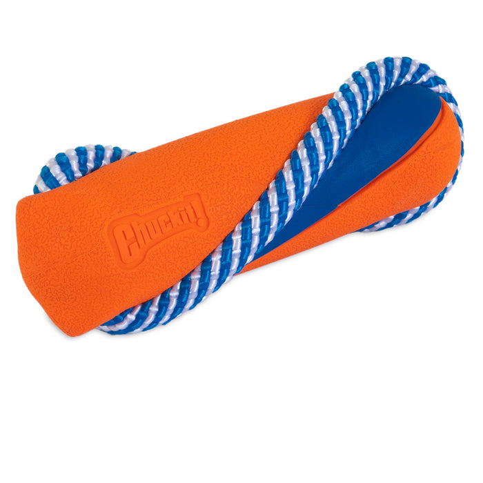 The Chuckit! Ultra Bumper Tug Dog Toy by Chuckit! features an orange and blue textured bumper and a twisted blue-and-white rope, perfect for tossing, fetching, and tugging games with your dog.